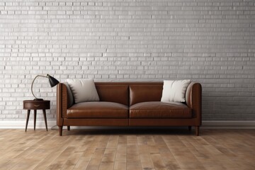 On a wooden parquet floor with a blank, white painted brick wall in the background, a dark brown leather sofa is displayed. Generative AI