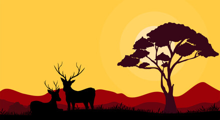 deer in the savanna nature silhouette, wildlife sunset 