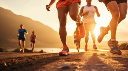 close up legs runner group running on a beach