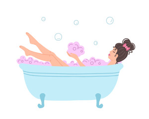 Girl in bathtub with foam. Woman takes bath. Young girl in bathroom relaxes in hot water. Cosmetic SPA procedures, beauty and hygiene. Vector Illustration for printing, backgrounds and packaging.