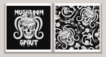 Psychedelic surreal label, pattern with human skull without top like cup full of fantasy mushrooms, text. Crazy mad skull with single eye, growing through skull mushrooms. Concept of madness, insanity