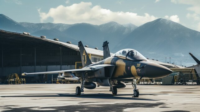 F 16 fighter jet on a base in mountains