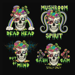 Labels with human skull without top like cup, bowl full of fantasy mushrooms. Crazy mad skull with single eye and growing through mushrooms, text. Illustrations on black background. Vintage style.