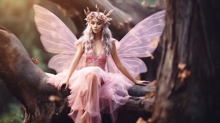 fairy in pink dress, fantastic Forest nymph butterfly sits on a log