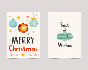 Merry Christmas cards in cute flat style. Minimalistic xmas design. Christmas Holidays poster templates. Stock vector trendy brochure backgrounds