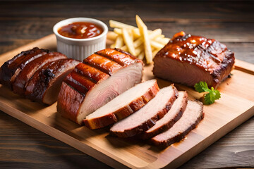 a classic and rustic Texas BBQ concept, smoky and tender brisket, slow-cooked ribs, and savory pulled pork, served with traditional sides like coleslaw, baked beans, and cornbread | Generative AI