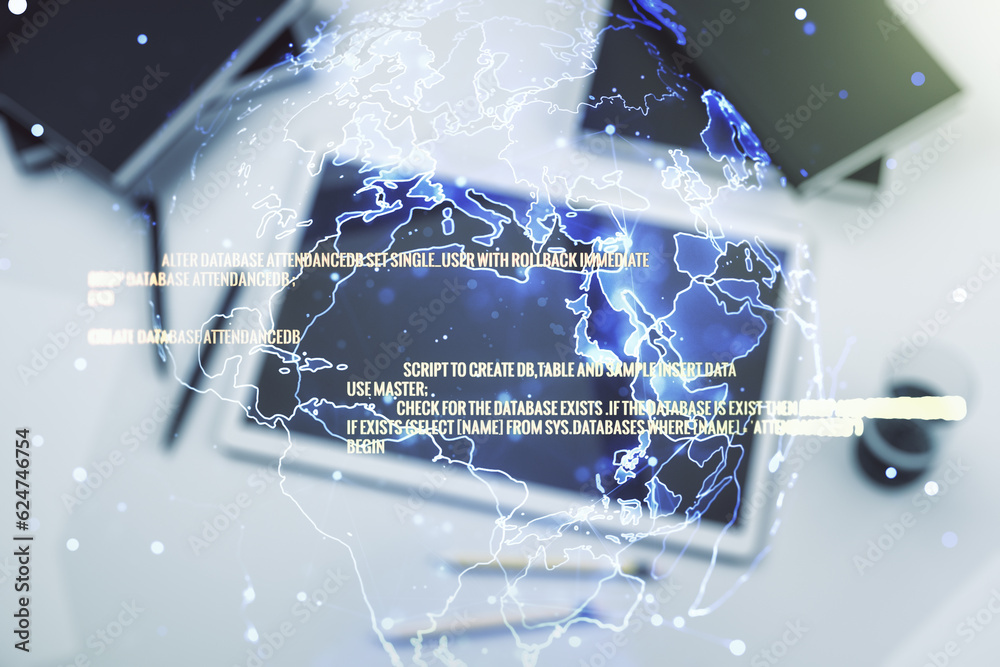 Poster multi exposure of abstract graphic coding sketch with world map and modern digital tablet on desktop