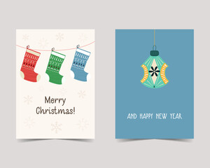 Merry Christmas cards in cute flat style. Minimalistic xmas design with Christmas socks tree toys. Holidays poster templates. Stock vector trendy brochure backgrounds