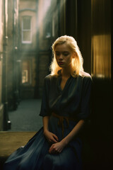 Obraz premium portrait of a woman/model/book character standing by a window in shadows with a thoughtful/sad expression in a fashion/beauty editorial magazine style film photography look - generative ai art