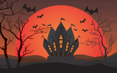 Halloween night background with dark pumpkins and castle