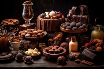 Fototapeta na wymiar a large assortment of chocolates with nuts and dried fruits. Generative AI