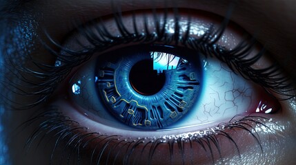 Close Up of an eye of a person with bioimplantants in the iris
