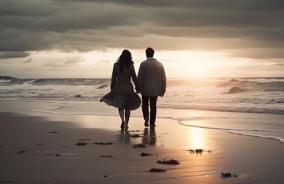 couple on the beach at sunset, romantic moment at the beach