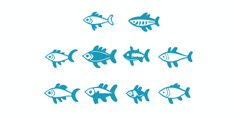 Fish related icons: thin vector icon set, black and white kit