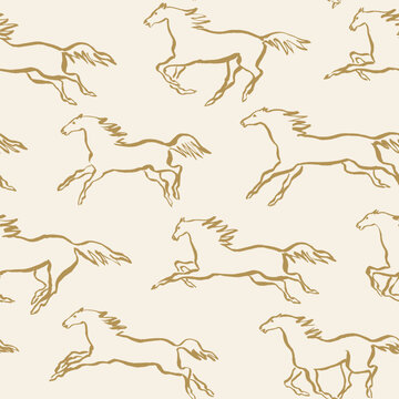 Hand drawn outline silhouette of the horses, paint brush drawings, equestrian seamless pattern for fabric design and packaging