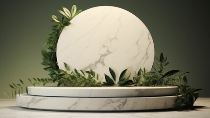 Plants and marble stone podium pedestal for product display. Background for cosmetic product branding, identity and packaging