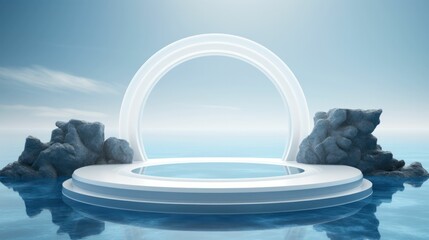 Marble podium pedestal for product display. Underwater ocean background for cosmetic product branding, identity and packaging