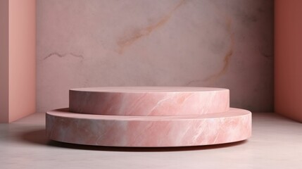 Pink marble podium pedestal for product display. Background for cosmetic product branding, identity and packaging