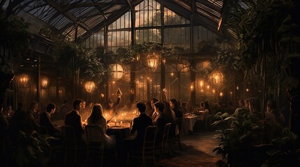 mystic greenhouse party, people sitting at a table and having dinner, mystic glasshouse during moonlight