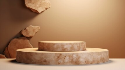 Brown stone podium pedestal for product display. Background for cosmetic product branding, identity and packaging