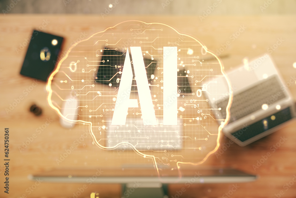 Poster double exposure of creative human brain microcircuit with computer on background. future technology 