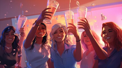 Group of girls at the party with glasses celebrating