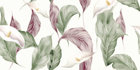 Floral seamless pattern with plant Spathiphyllum, watercolor foliage print on tender grey background
