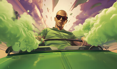 Pistachio car in green smoke, bald young man with sunglasses behind the wheel. 