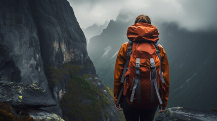Woman backpacker hiking through mountains with a colorful backpack and coat, made with generative AI - obrazy, fototapety, plakaty