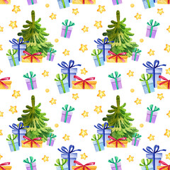 Watercolor seamless pattern of christmas theme with a Christmas tree and gifts, winter illustration, hand drawn sketch isolated on white background