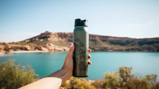 Hand holding a reusable thermo water bottle, lake and nature in the background