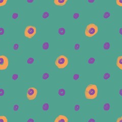 Seamless abstract geometric pattern. Simple background in orange, purple, green colors. Illustration. Abstract circles, dots. Design for textile fabrics, wrapping paper, background, wallpaper, cover.