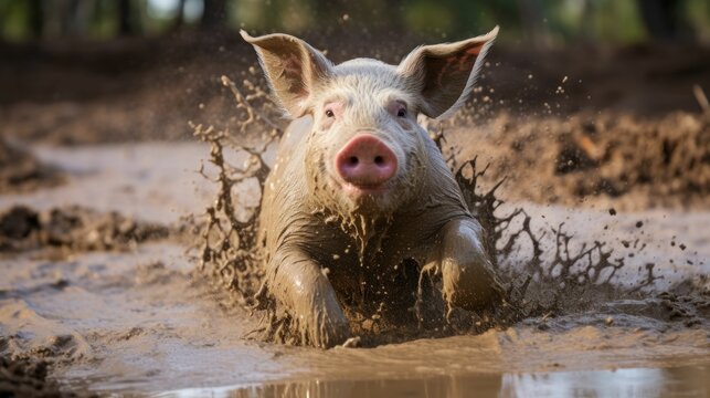 Happy farm pig in the mud