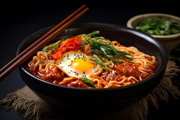 Fotobehang Hete pepers Spicy Korean ramen with noodles and egg Generative AI