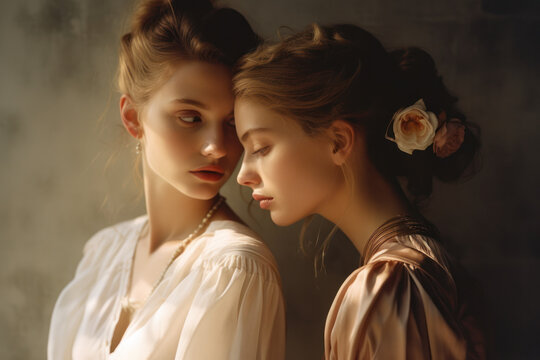 female friends/models/lgbtq + couple in magazine editorial fashion/beauty photo shoot embracing/kissing  film photography look  - generative ai art