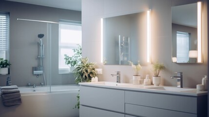 Fototapeta na wymiar Modern bathroom interior design with white walls, mirror and cabinets