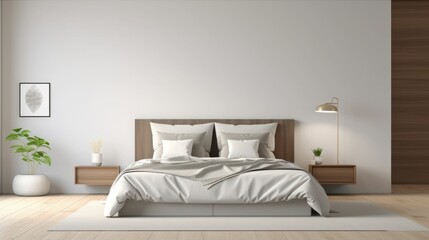 Fototapeta na wymiar Luxury Interior design of comfortable bedroom with white walls and big bed in the center