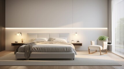 Luxury Interior design of comfortable bedroom with gray walls and big bed near window