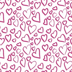 Seamless abstract holiday pattern. Simple background in pink, white colors. Illustration. Hand drawn hearts. Design for textile fabrics, wrapping paper, background, wallpaper, cover.