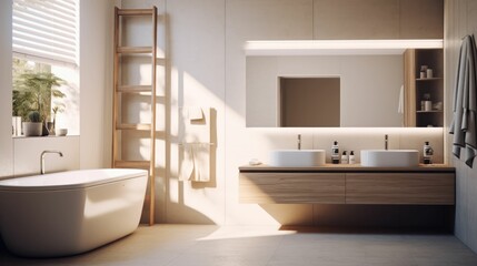 Naklejka na ściany i meble Modern Bathroom Interior design with white walls and huge mirror