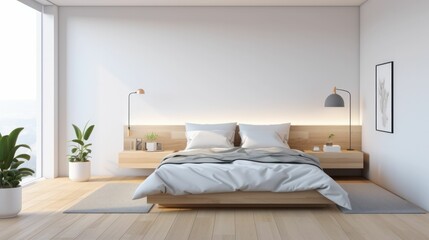 Fototapeta na wymiar Luxury Interior design of comfortable bedroom with white walls and big bed near window