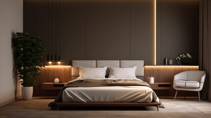 Luxury interior design of comfortable bedroom with brown walls and big bed
