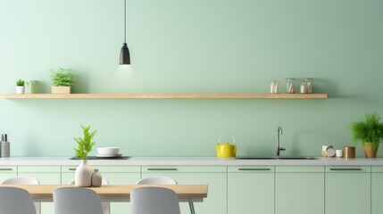Modern kitchen interior design with pastel green walls and shelf