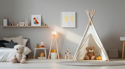 Modern interior design of a children play room for kids with white walls and wigwam and toys