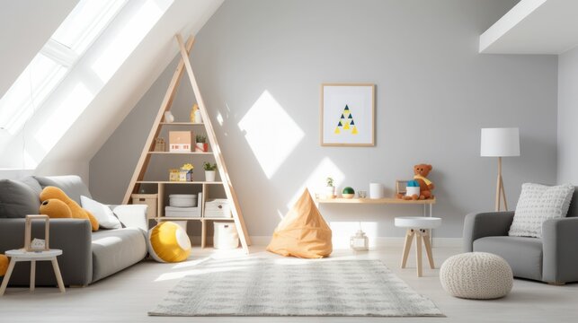 Modern interior design of a children play room for kids with white walls and wigwam bookshelf