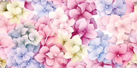 Obraz premium Inflorescence flowers hydrangea randomly arranged in seamless pattern, vector floral illustration in vintage watercolor style.