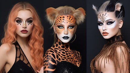 Fototapeta premium Animal-inspired beauty Influencers incorporating. Colage Fashion art Woman close-up portrait. Fantasy beauty in paint shiny skin Generative AI