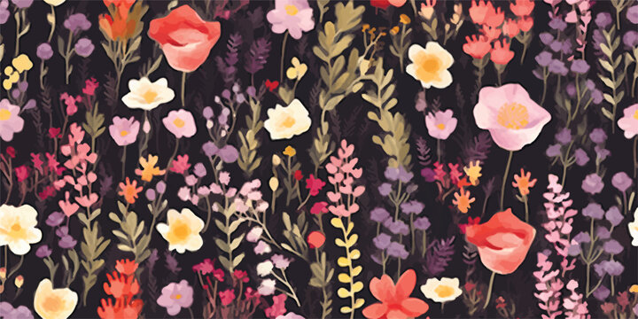 Meadow with flowers, floral seamless pattern of colorful wildflowers, watercolor illustration in rustic style on dark background