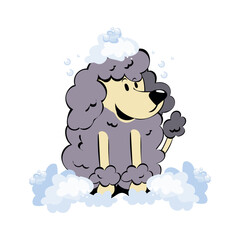 The Cute dog in a bubbles bath in a flat style. Grooming. Pet care illustration for content, label, banner, graphic and greeting card