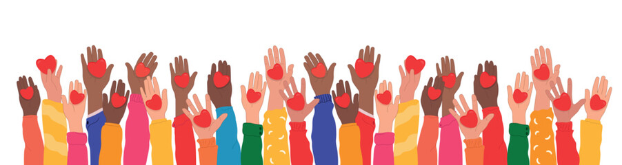 World Humanitarian Day -19 August - horizontal banner. Hands raised up hold hearts, share compassion and hope with those in need. - obrazy, fototapety, plakaty